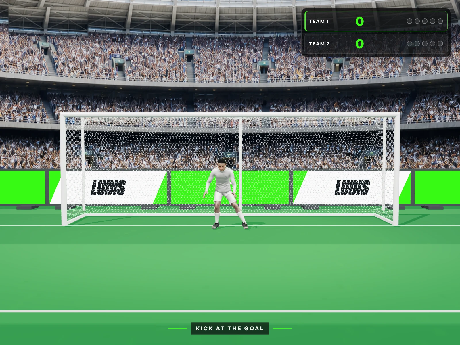 Ludis football game showing a goalkeeper and goal in a virtual stadium