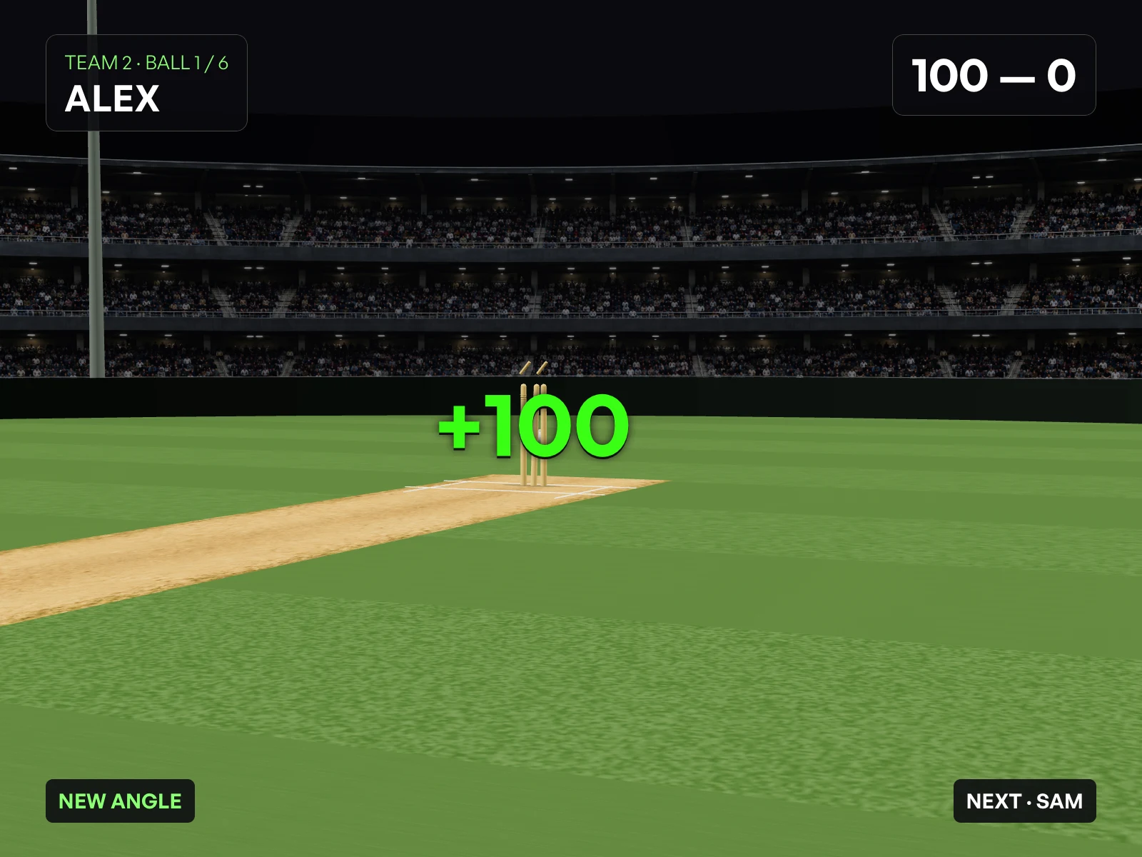Ludis cricket game showing a scoring hit on a virtual cricket pitch